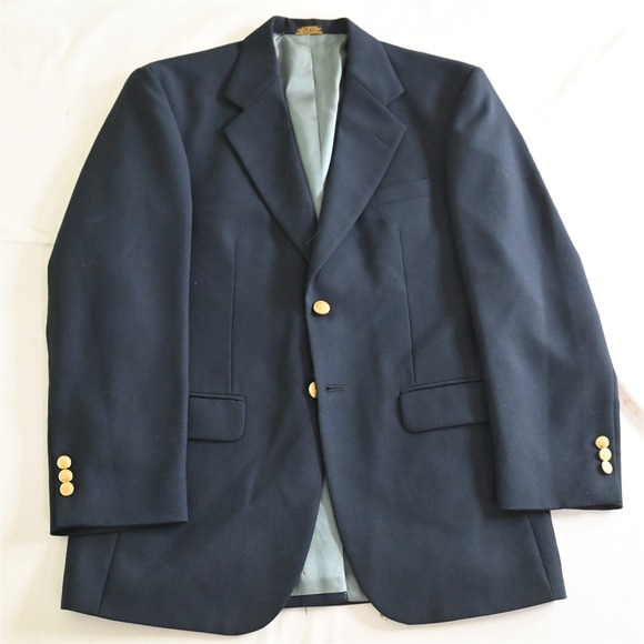 Vtg Stafford 36S Navy Blue Hopsack Gold‎ Button Mens Blazer Jacket Sport Coat